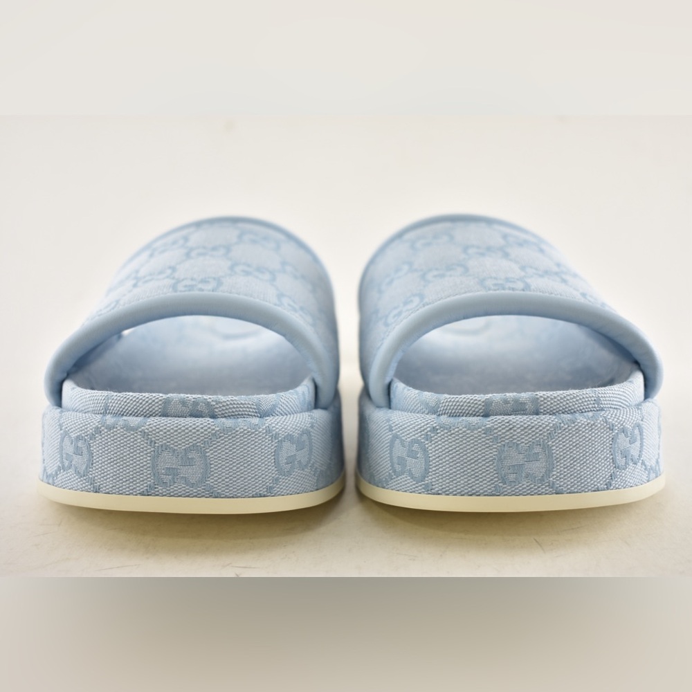 Gucci Light Blue GG Monogram Logo Canvas Mule Flat Slide Platform Sandal 39 - Picture 10 of 16